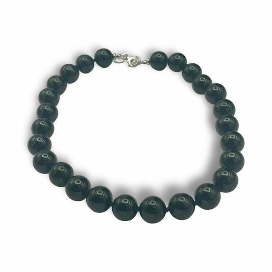 Black Tourmaline Necklace 14mm Beads with Sterling Silver | 18 Inches | Handmade Protection Jewelry