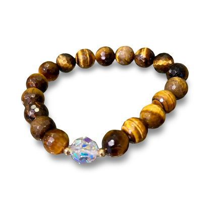 Tiger’s Eye & Swarovski Crystal Bracelet – 10 mm beads | Elastic stretch