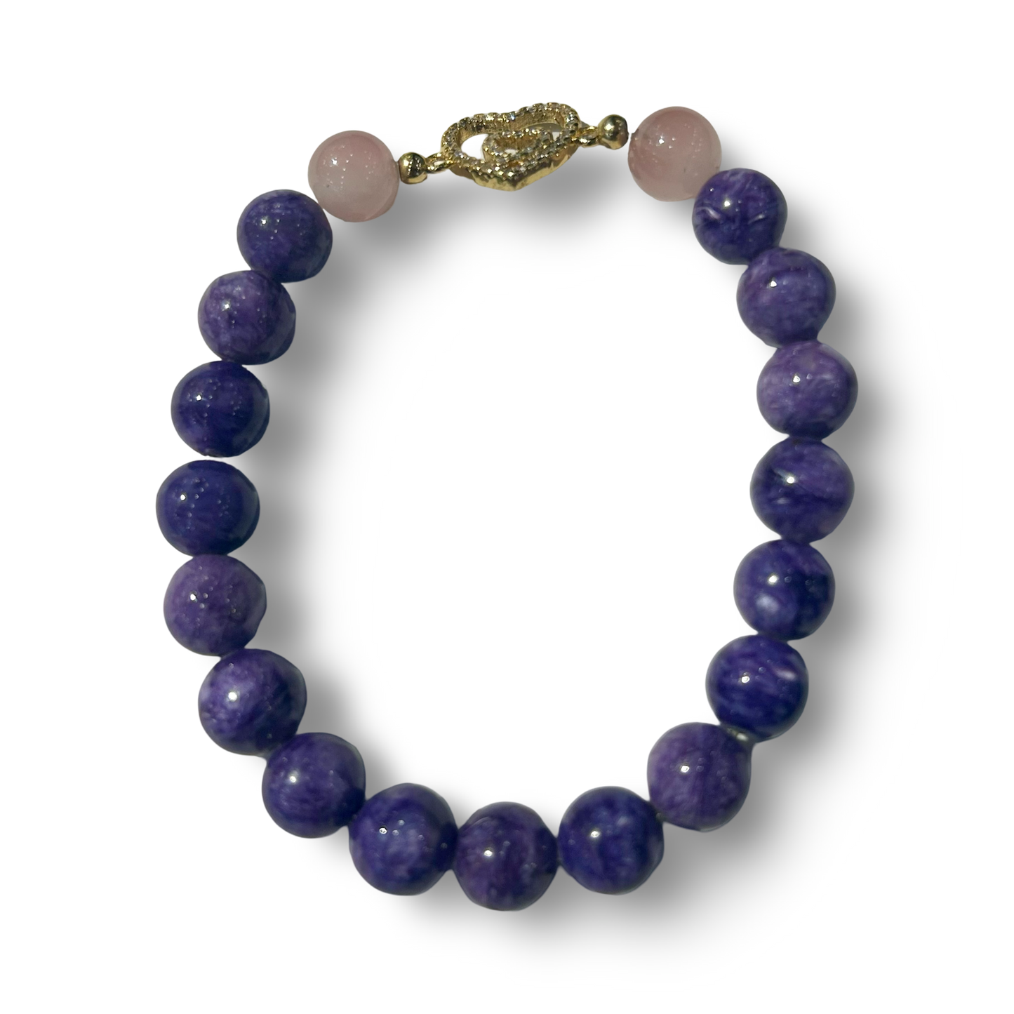 Charoite & Rose Quartz Bracelet with Gold-Plated Heart Pendant – Elastic