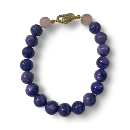 Charoite & Rose Quartz Bracelet with Gold-Plated Heart Pendant – Elastic