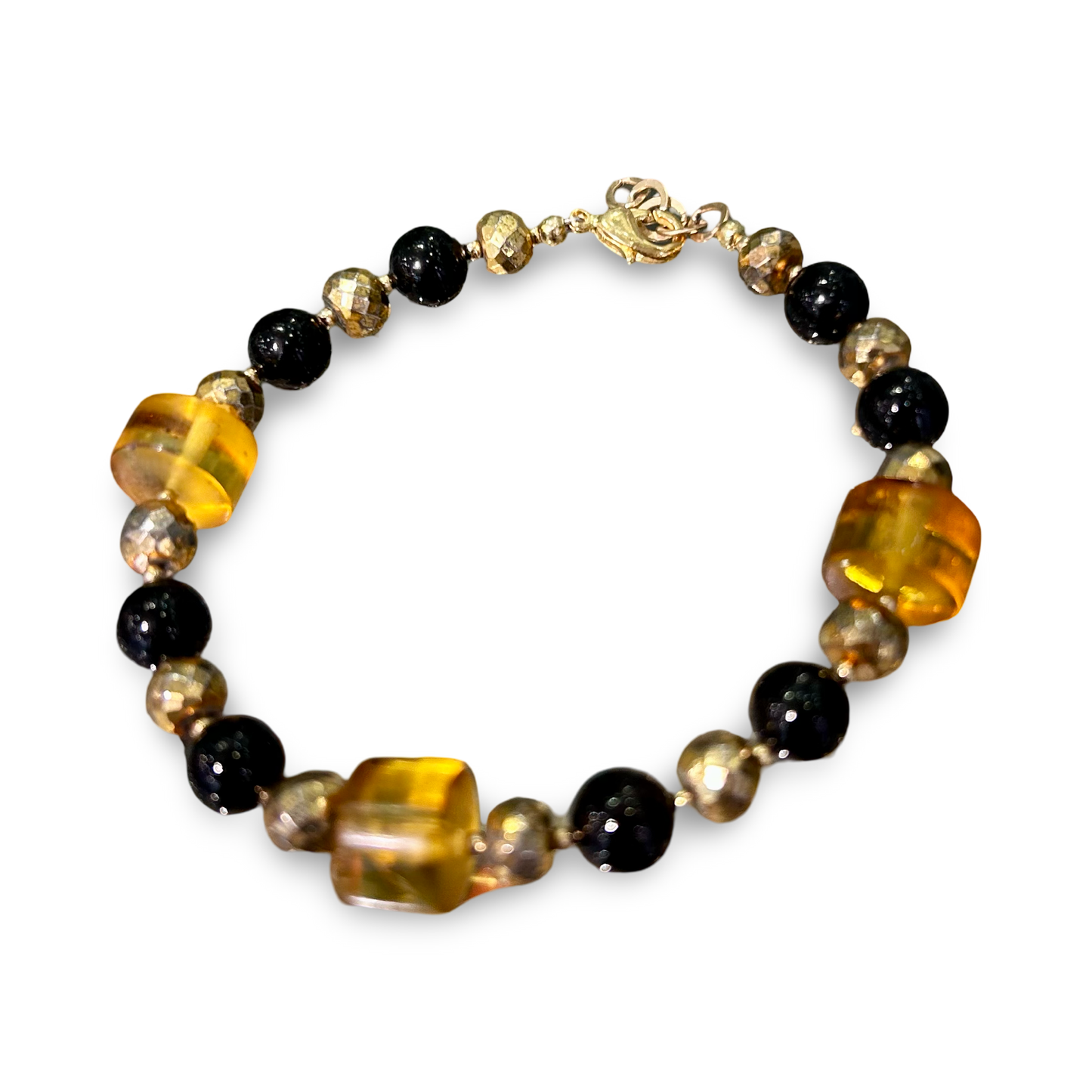Amber & Black Onyx Bracelet – 6mm Beads with Gold-Plated Clasp