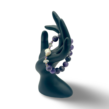 Charoite, Mother of Pearl & Herkimer Diamond Elastic Bracelet | 14mm Beads | Medium–Large Wrist | Handmade