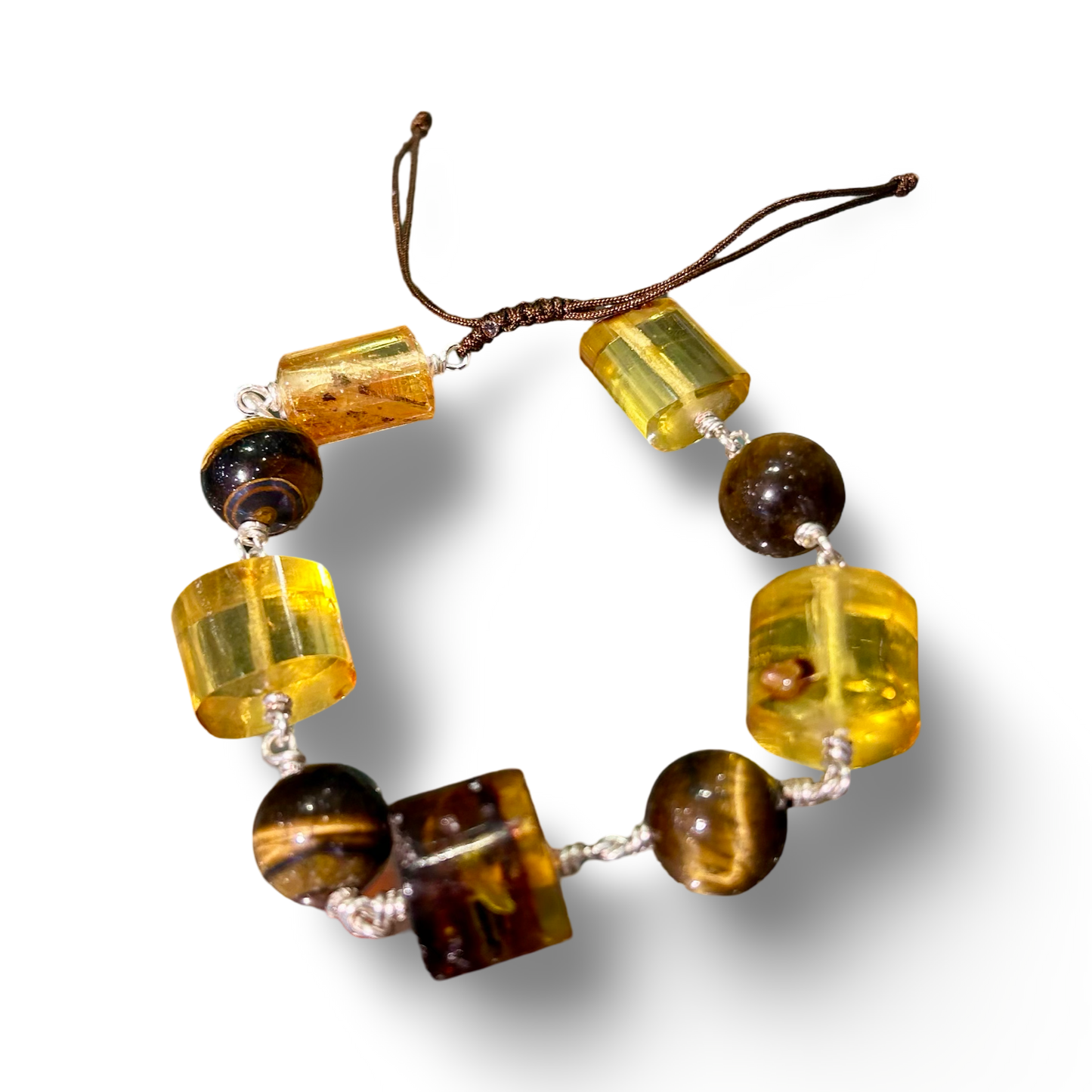 Adjustable Amber & Tiger’s Eye Bracelet – Stringed, 12mm Beads