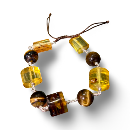 Adjustable Amber & Tiger’s Eye Bracelet – Stringed, 12mm Beads