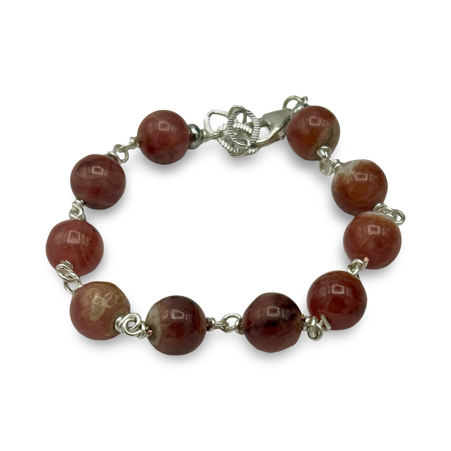 Rhodochrosite Silver Wire Bracelet | 10mm Beads | Adjustable for Medium–Large Wrist | Handmade