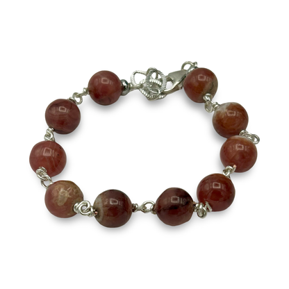 Rhodochrosite Silver Wire Bracelet | 10mm Beads | Adjustable for Medium–Large Wrist | Handmade