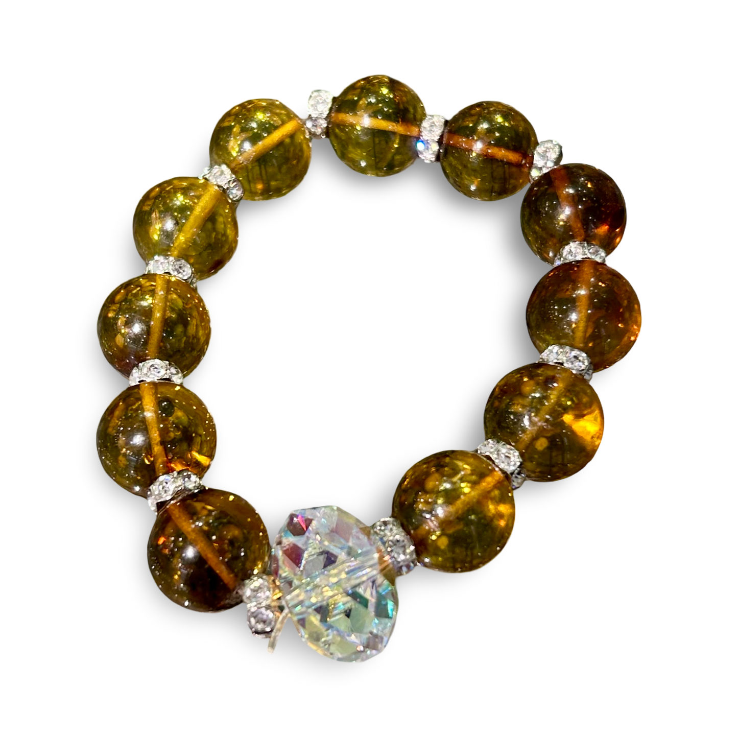 Elastic Amber Bracelet with Swarovski Crystal – 14mm Beads