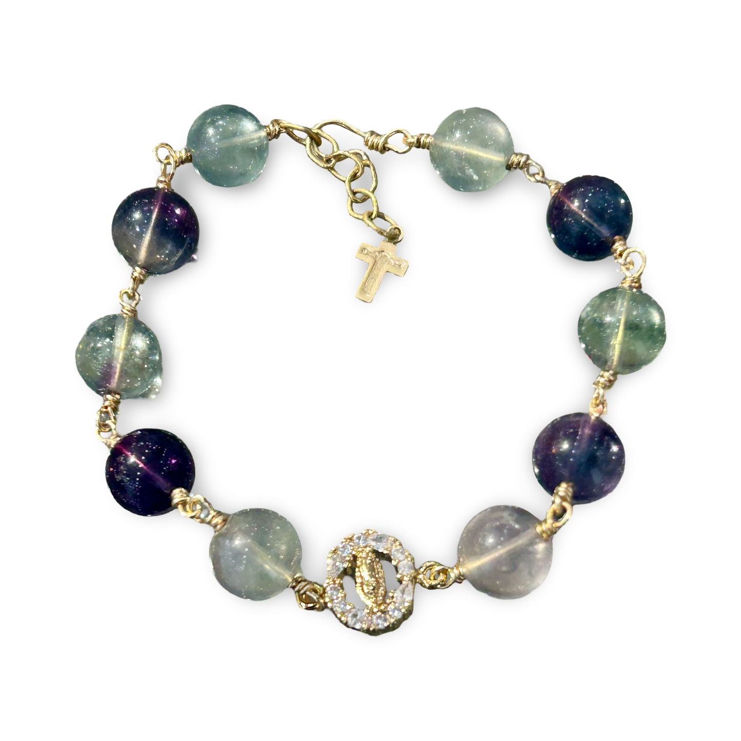 Rainbow Fluorite Bracelet with Cross & Mary Pendant – Gold-Plated Wire Wrap, 10mm Beads