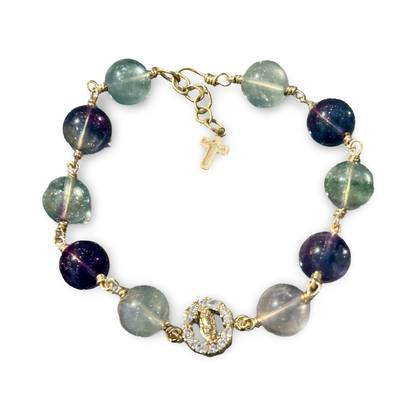 Rainbow Fluorite Bracelet with Cross & Mary Pendant – Gold-Plated Wire Wrap, 10mm Beads