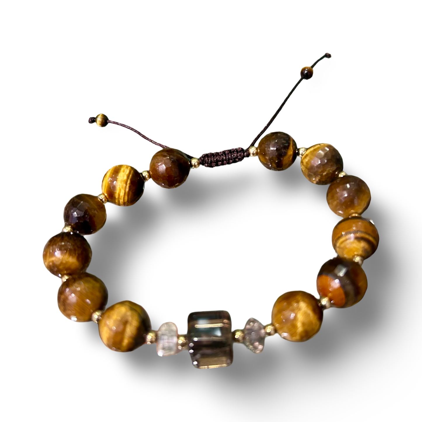 Faceted Tiger’s Eye with Smoky Quartz Bracelet –
12 mm beads | Adjustable size