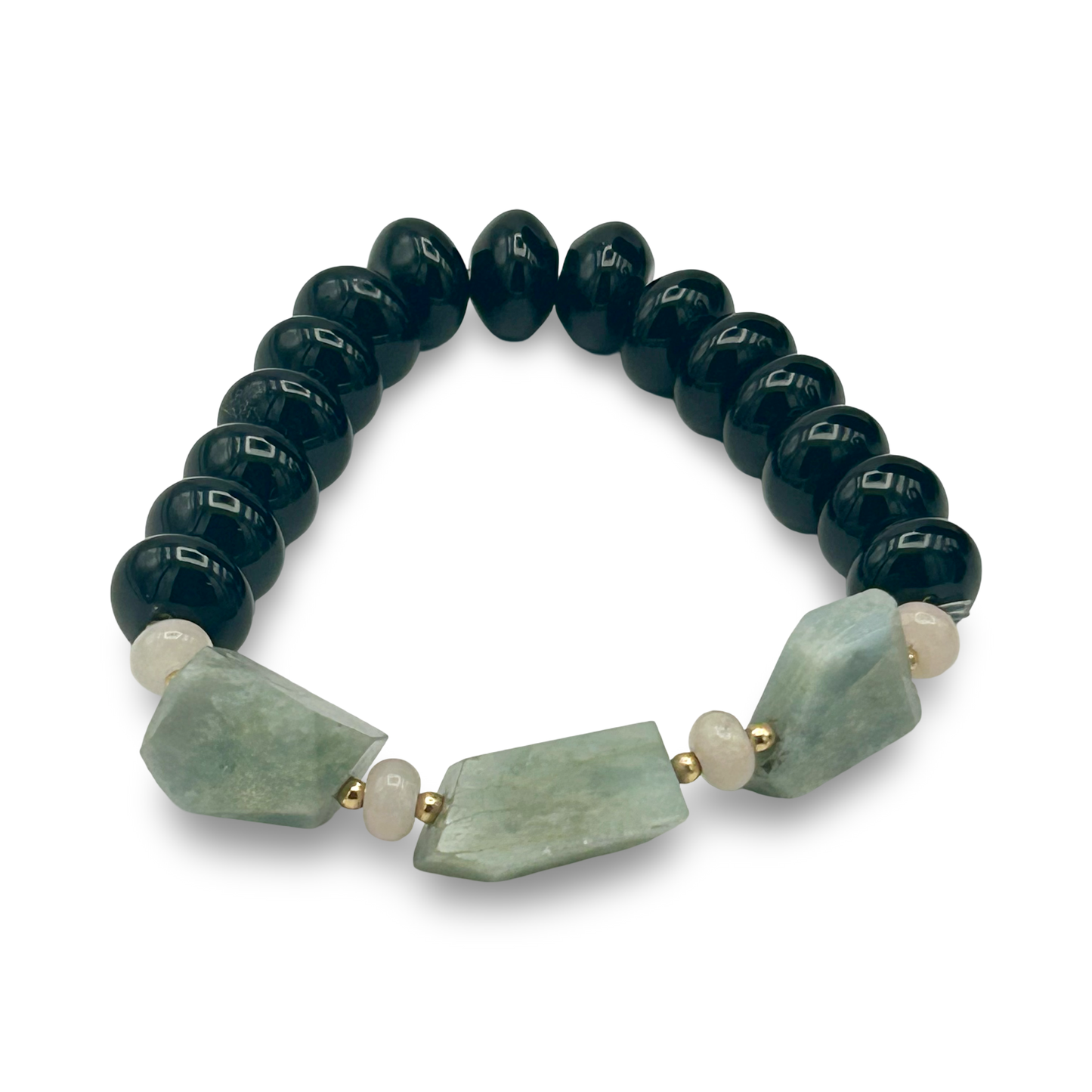 Black Onyx & Aquamarine Elastic Bracelet | 10mm Beads | Medium Wrist | Handmade