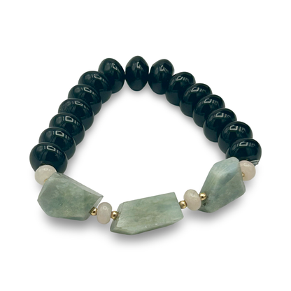 Black Onyx & Aquamarine Elastic Bracelet | 10mm Beads | Medium Wrist | Handmade