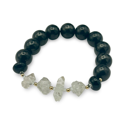 Shungite & Herkimer Diamond Elastic Bracelet | 14mm Beads | Handmade for Large Wrist | Protection & Clarity