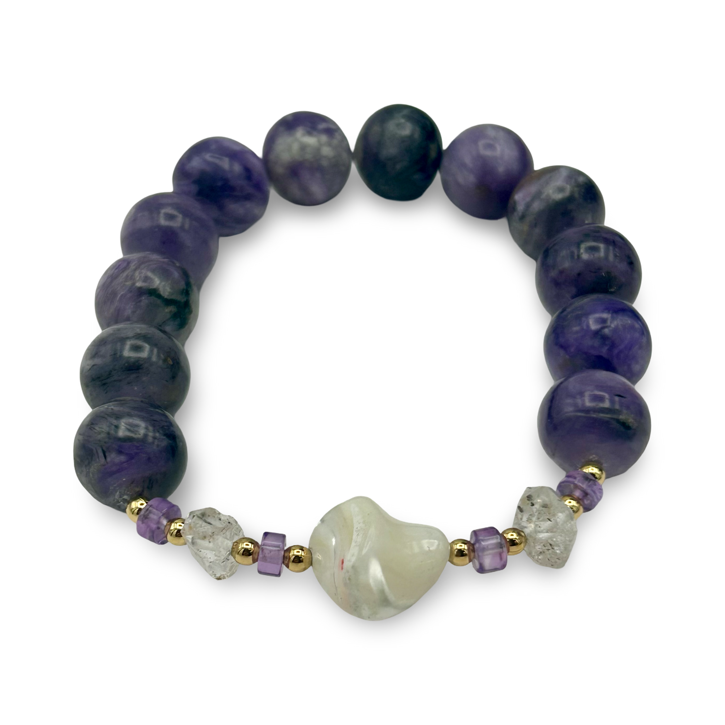Charoite, Mother of Pearl & Herkimer Diamond Elastic Bracelet | 14mm Beads | Medium–Large Wrist | Handmade
