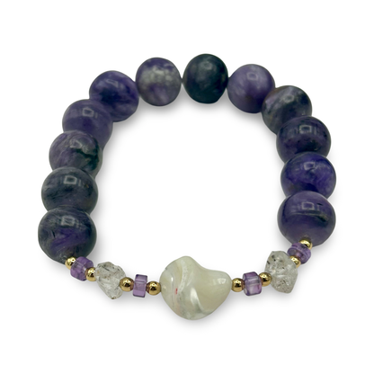 Charoite, Mother of Pearl & Herkimer Diamond Elastic Bracelet | 14mm Beads | Medium–Large Wrist | Handmade