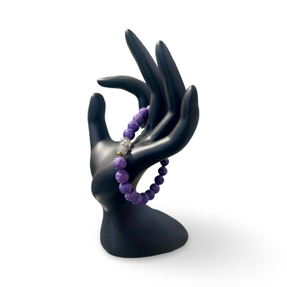 Charoite & Clear Quartz Elastic Bracelet – 8mm Beads