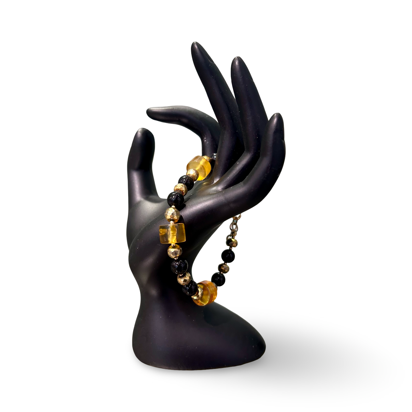 Amber & Black Onyx Bracelet – 6mm Beads with Gold-Plated Clasp