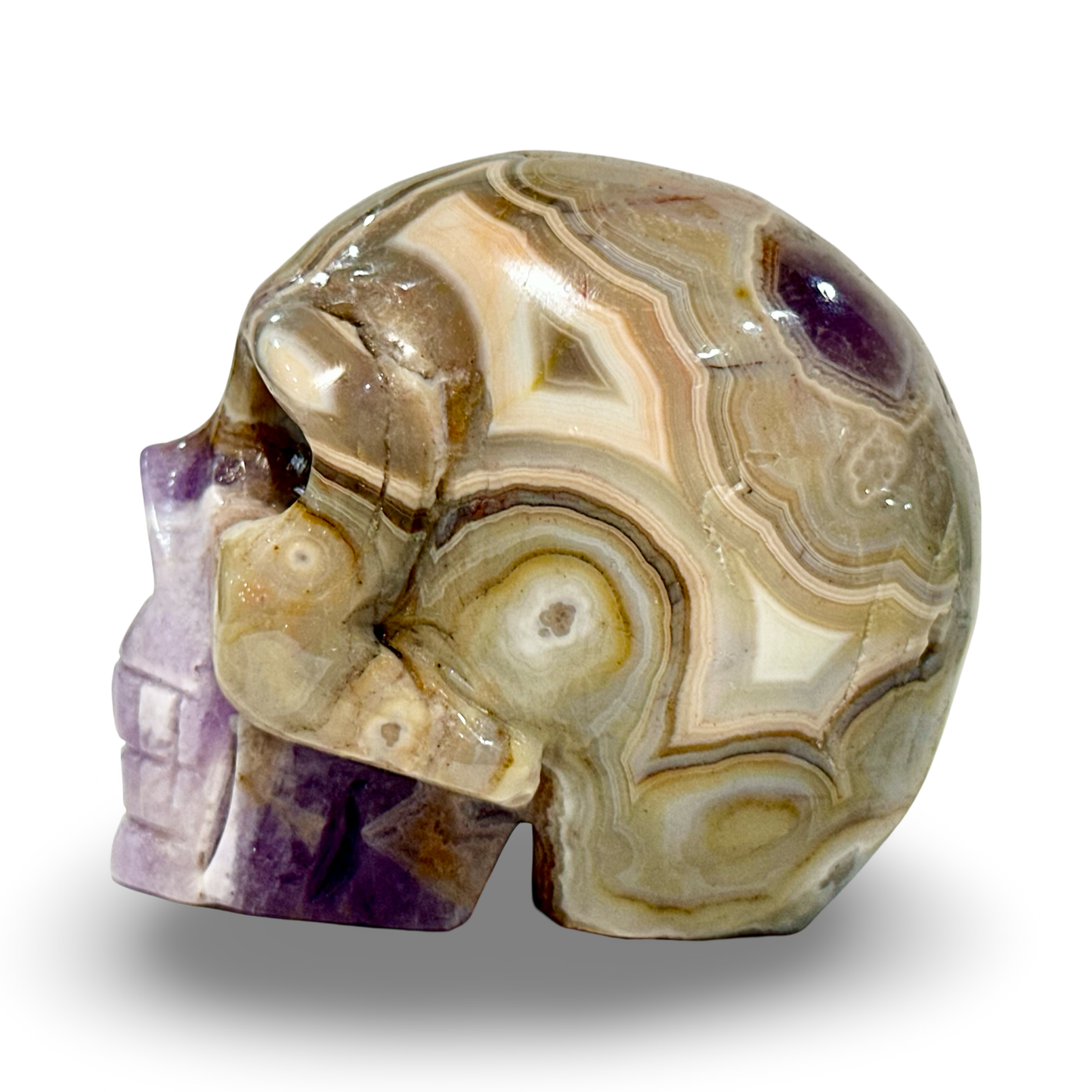 Amethyst & Agate Crystal Skull – 455g Hand-Carved Collectible (3” x 3”)