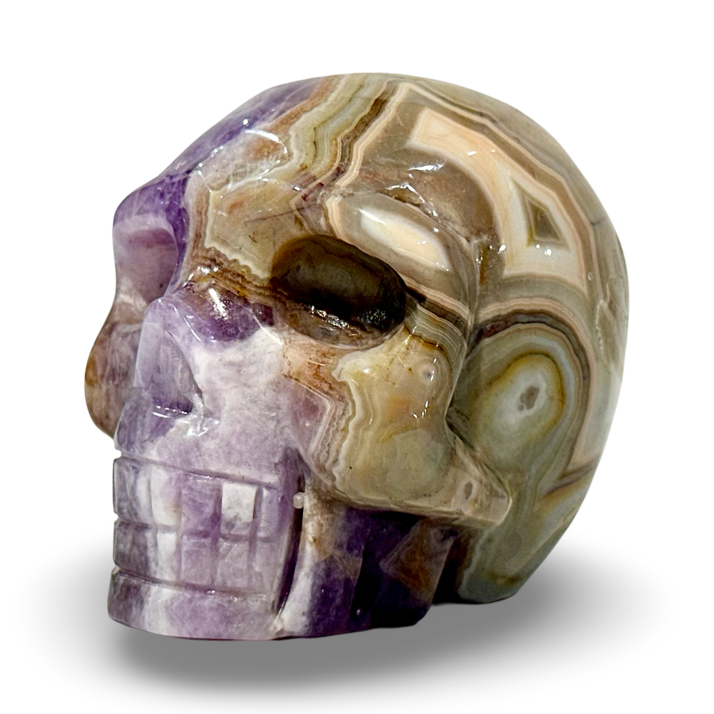 Amethyst & Agate Crystal Skull – 455g Hand-Carved Collectible (3” x 3”)