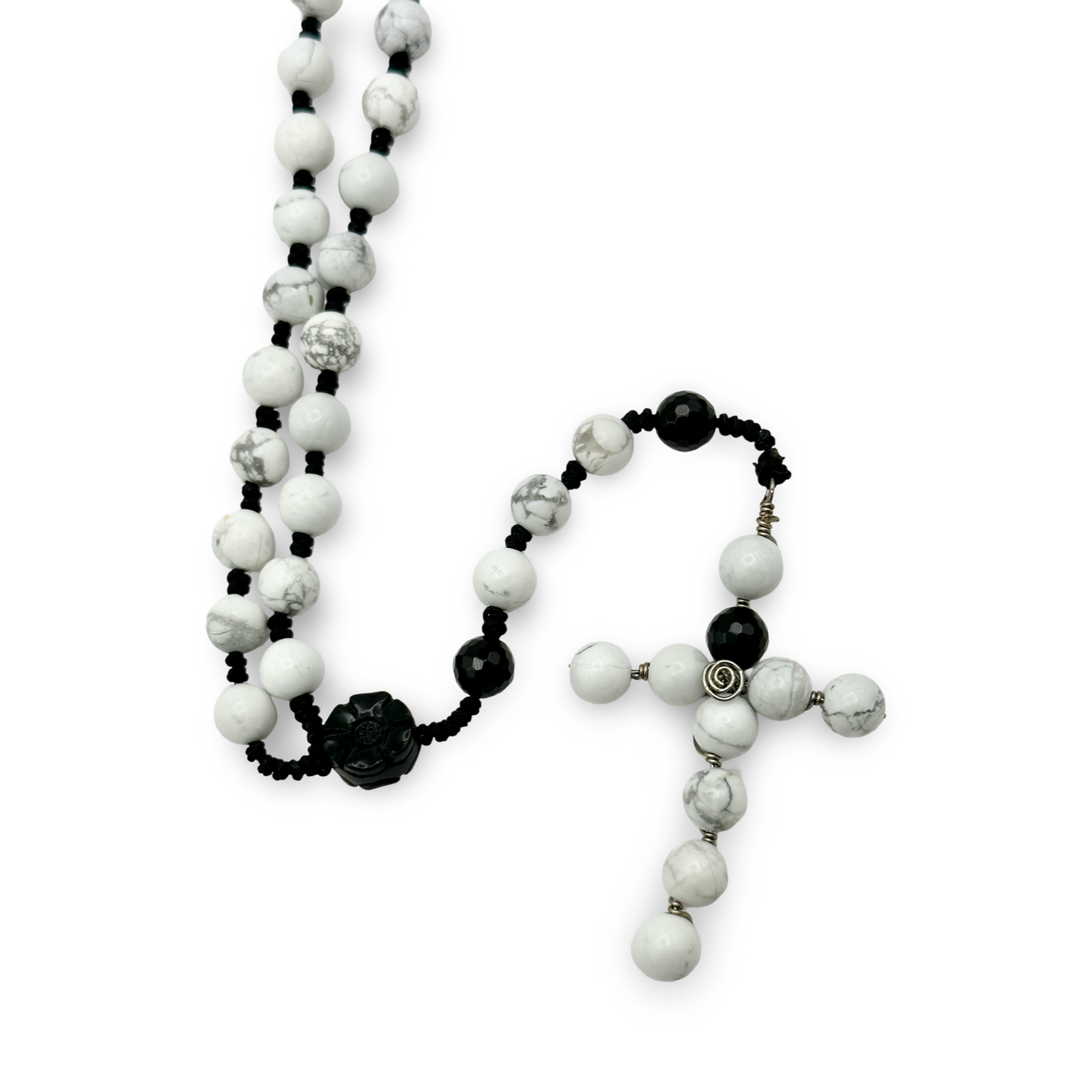 White Howlite & Black Obsidian Rosary – 8mm Beads, 18”