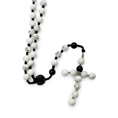 White Howlite & Black Obsidian Rosary – 8mm Beads, 18”