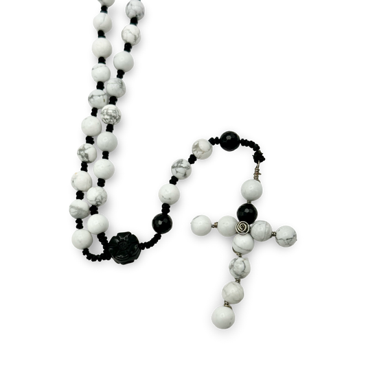 White Howlite & Black Obsidian Rosary – 8mm Beads, 18”
