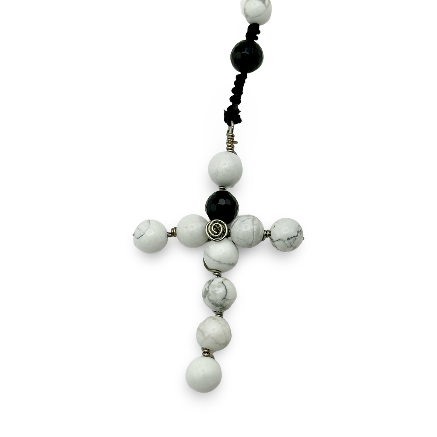 White Howlite & Black Obsidian Rosary – 8mm Beads, 18”