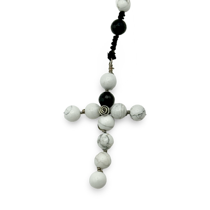 White Howlite & Black Obsidian Rosary – 8mm Beads, 18”