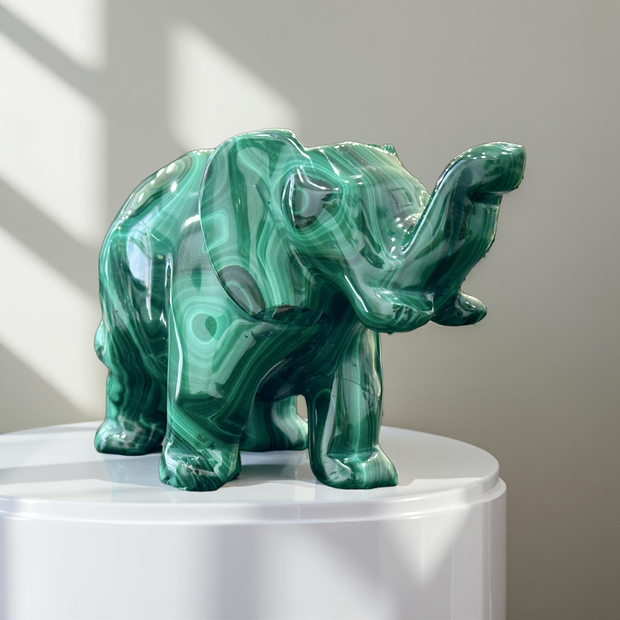 Hand-Carved Malachite Elephant – 3.5” x 2.3”