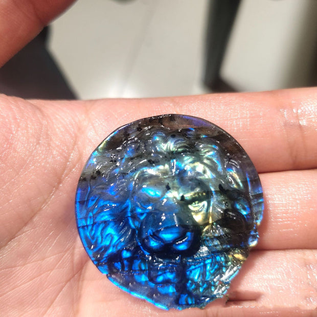 Natural Raw Gemstone Crystal Carved Blue Light Lion's Head