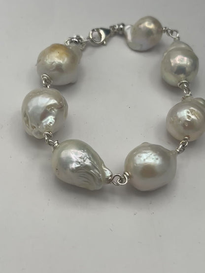 Freshwater Pearl Silver Wire Bracelet | 18–20mm Pearls | Adjustable | Handmade Elegant Jewelry