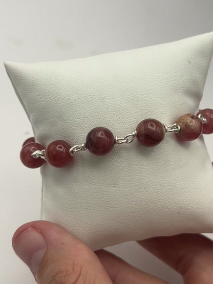 Rhodochrosite Silver Wire Bracelet | 10mm Beads | Adjustable for Medium–Large Wrist | Handmade