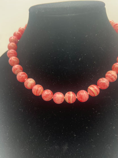 Handmade Rhodochrosite Necklace 12mm Beads with 925 Sterling Silver | 18 Inches |