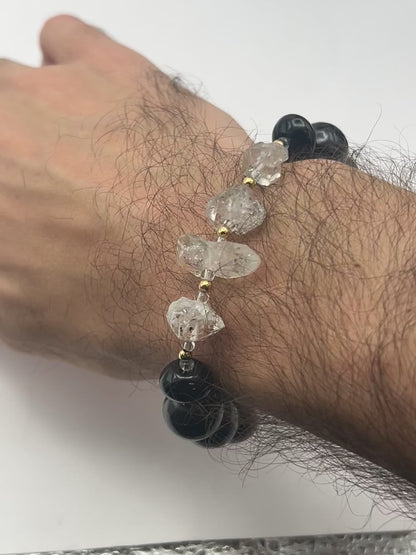 Shungite & Herkimer Diamond Elastic Bracelet | 14mm Beads | Handmade for Large Wrist | Protection & Clarity