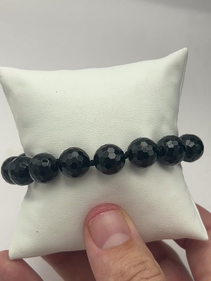Faceted Black Onyx Bracelet 10mm Beads with Sterling Silver | Medium Wrist | Handmade