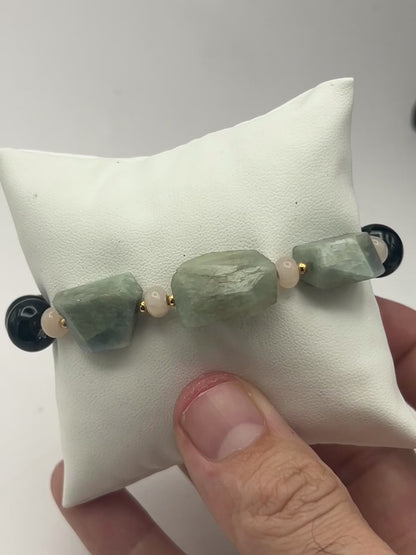 Black Onyx & Aquamarine Elastic Bracelet | 10mm Beads | Medium Wrist | Handmade