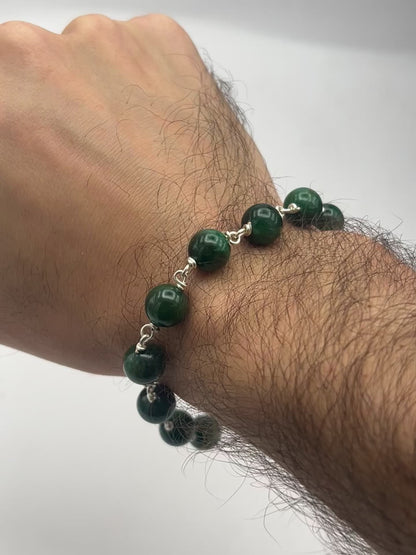 African Jade Wire Bracelet 10mm Beads with Sterling Silver | Adjustable for Medium–Large Wrist | Handmade