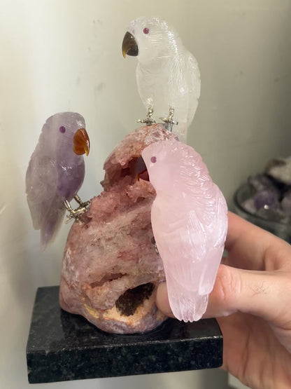 Pink Amethyst Freeform with Three Crystal Birds on Base – 1082g | 6” x 4” | Natural Stone Sculpture