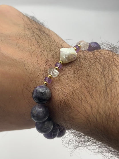 Charoite, Mother of Pearl & Herkimer Diamond Elastic Bracelet | 14mm Beads | Medium–Large Wrist | Handmade